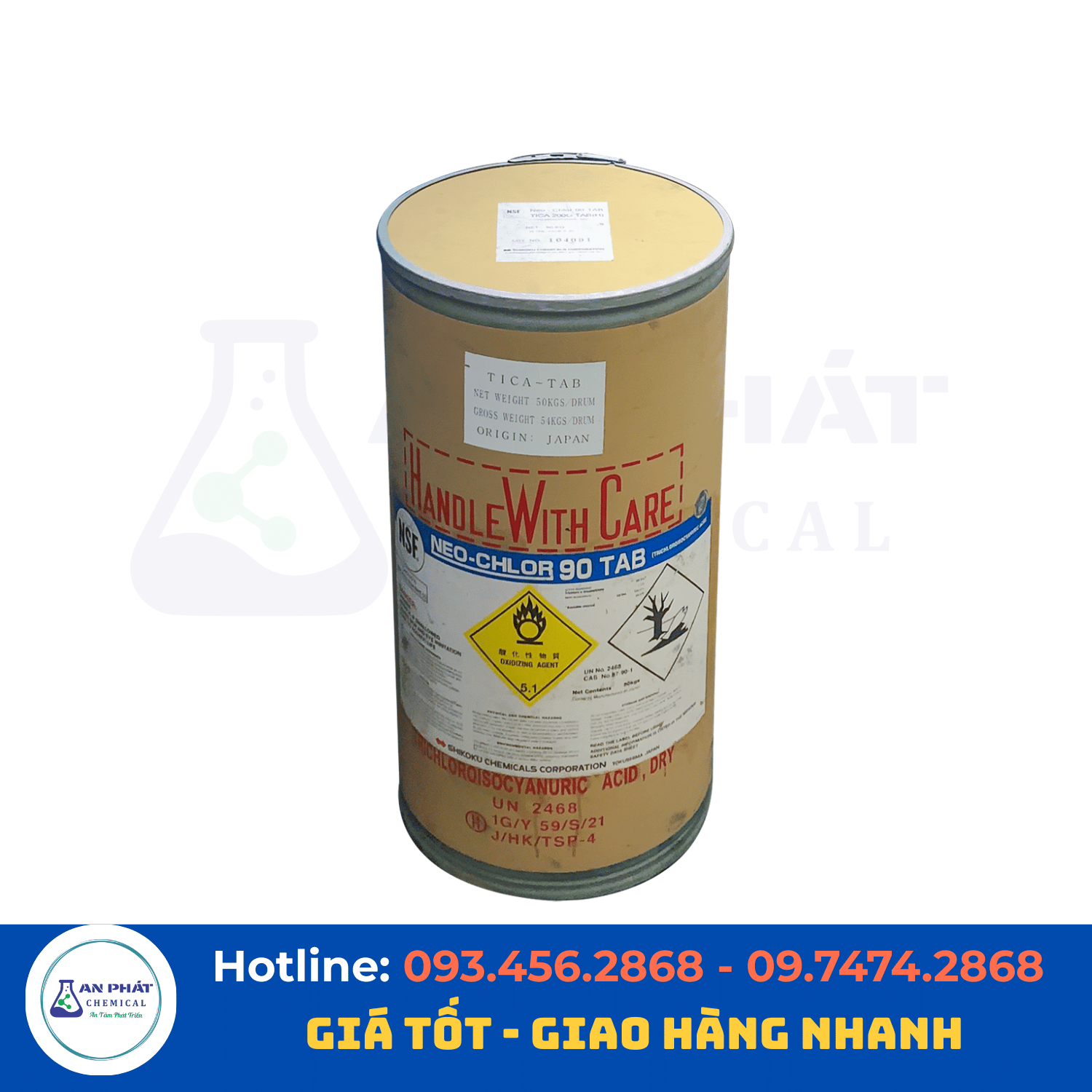 Clo viên TCCA C₃Cl₃N₃O₃ ≥90% – Nhật Bản, 50 kg/thùng