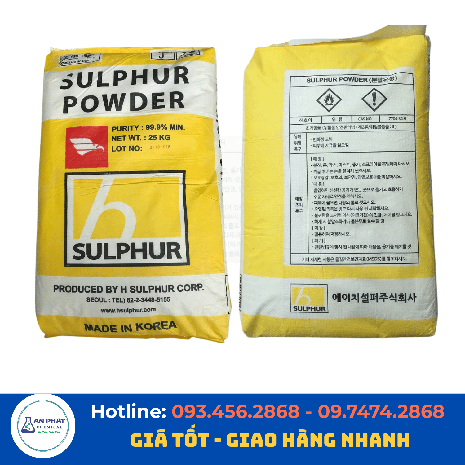 Lưu huỳnh S 99% – Hàn Quốc, bao 25 kg