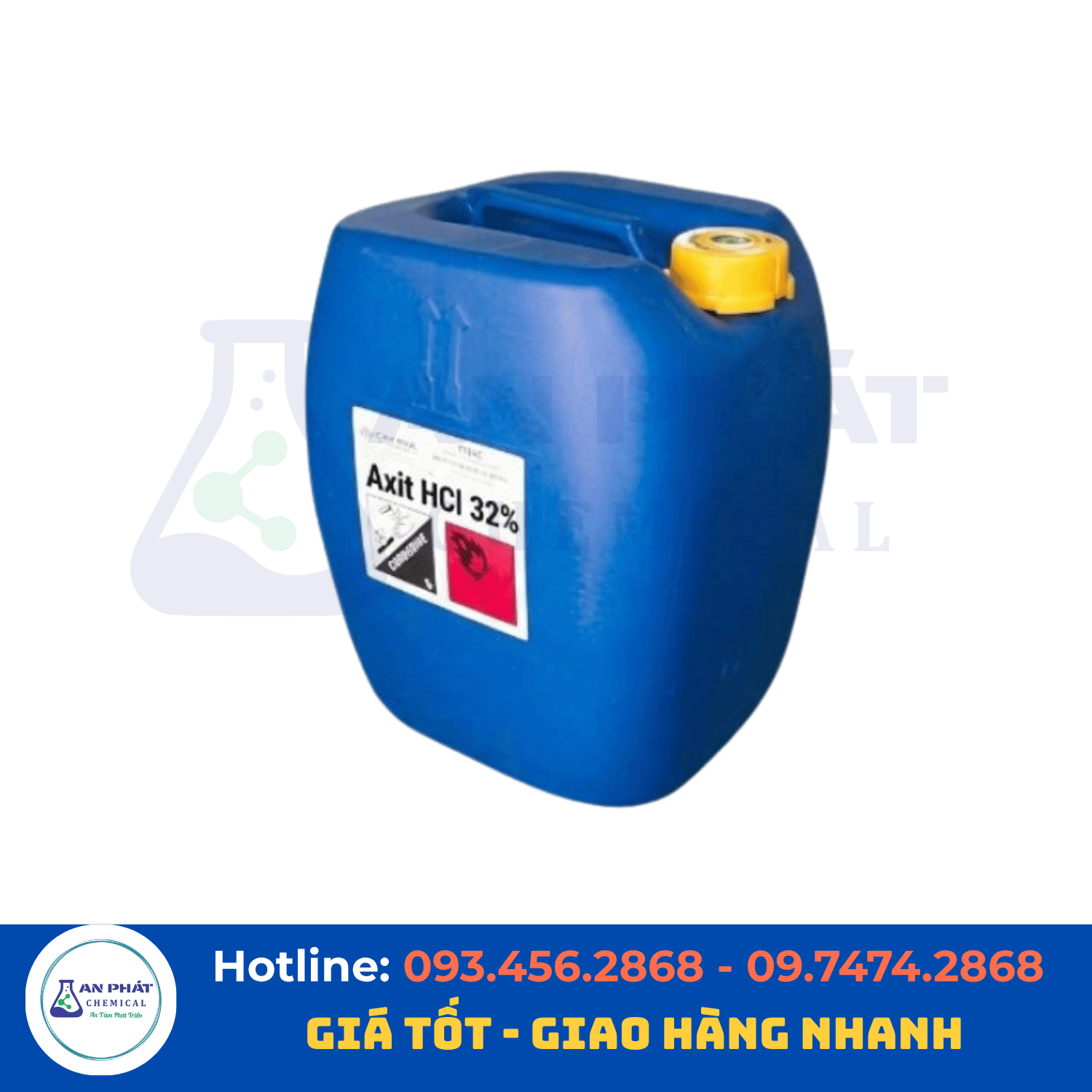 Axit clohydric HCl 32%–35% – Việt Nam, 30 kg/can, 250 kg/phuy hoặc xe bồn