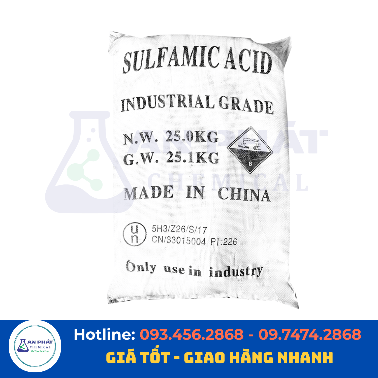 Axit sulfamic H₃NSO₃ 99,5% – Trung Quốc, 25 kg/bao