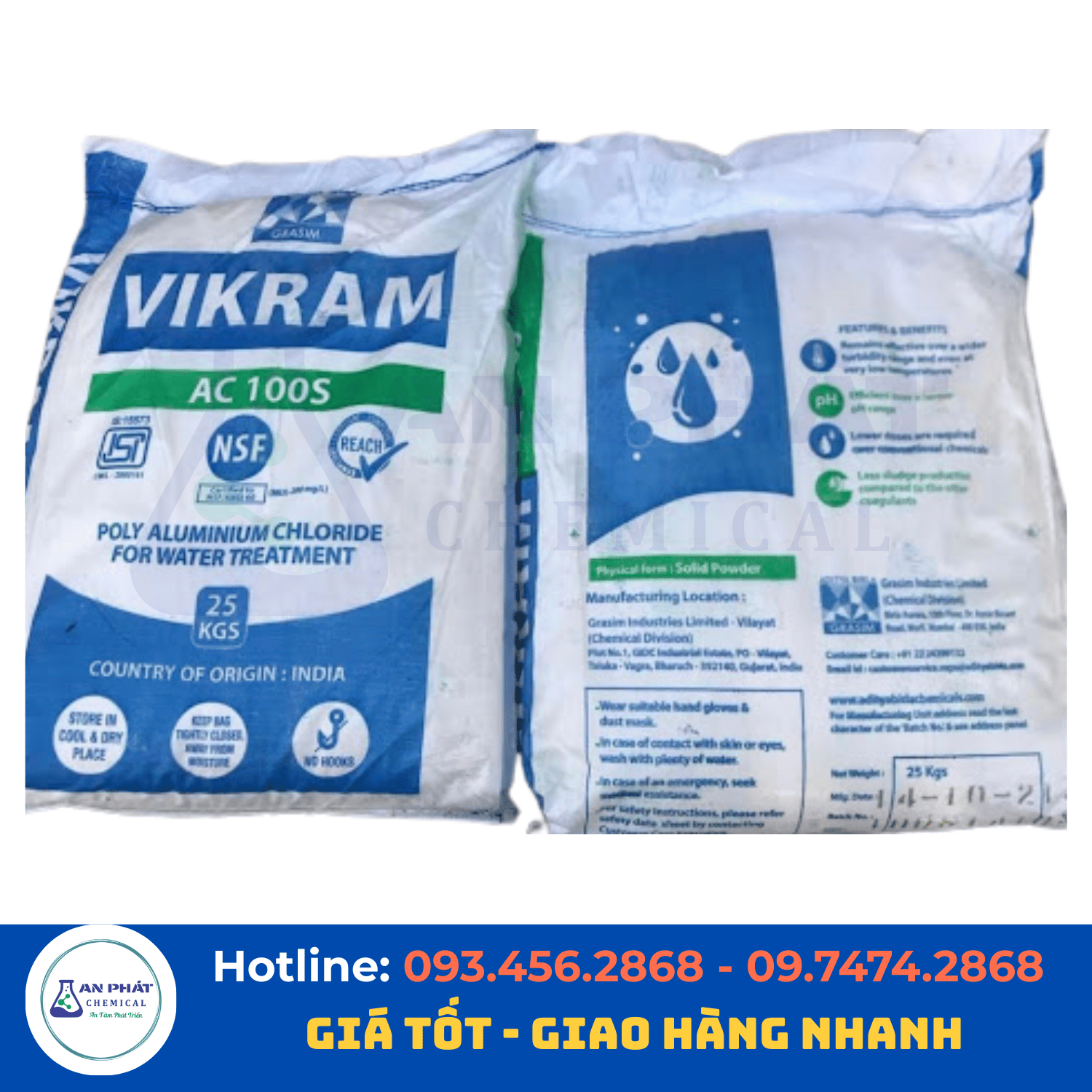 PAC bột Vikram Alₙ(OH)ₘCl₍₃ₙ₋ₘ₎ 31% – Ấn Độ, bao 25 kg