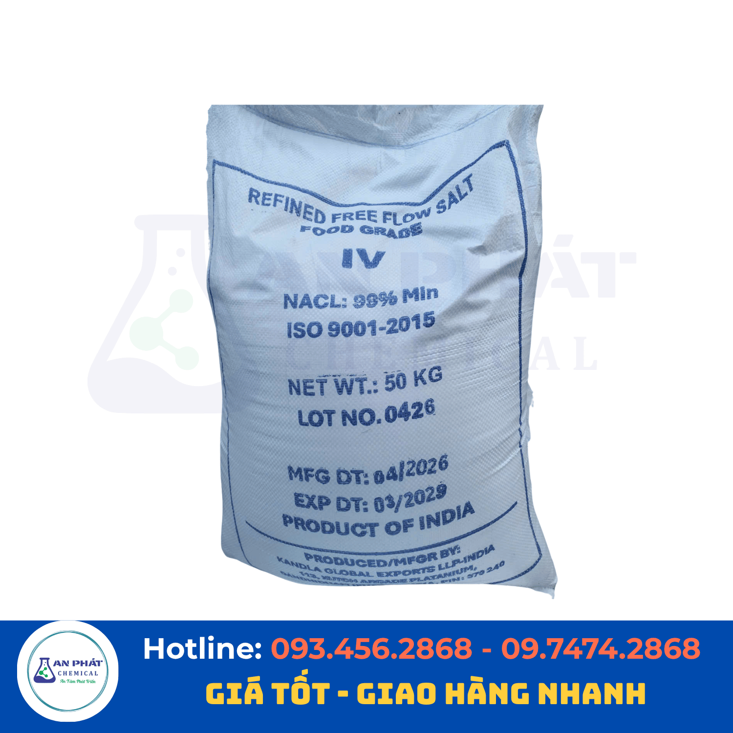 Muối tinh Ấn Độ NaCl 99% – Ấn Độ, bao 50 kg
