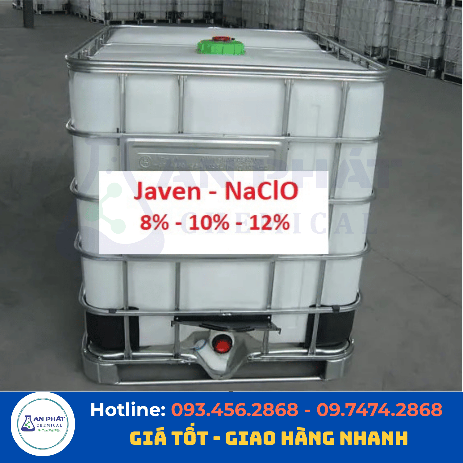 Nước Javen NaClO 12% – Việt Nam, 30 kg/can hoặc 1.200 kg/tank