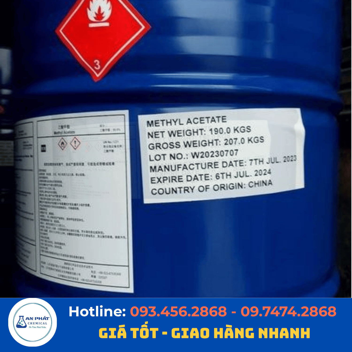 Methyl acetate C₃H₆O₂ 99% – Trung Quốc, 190 kg/phuy