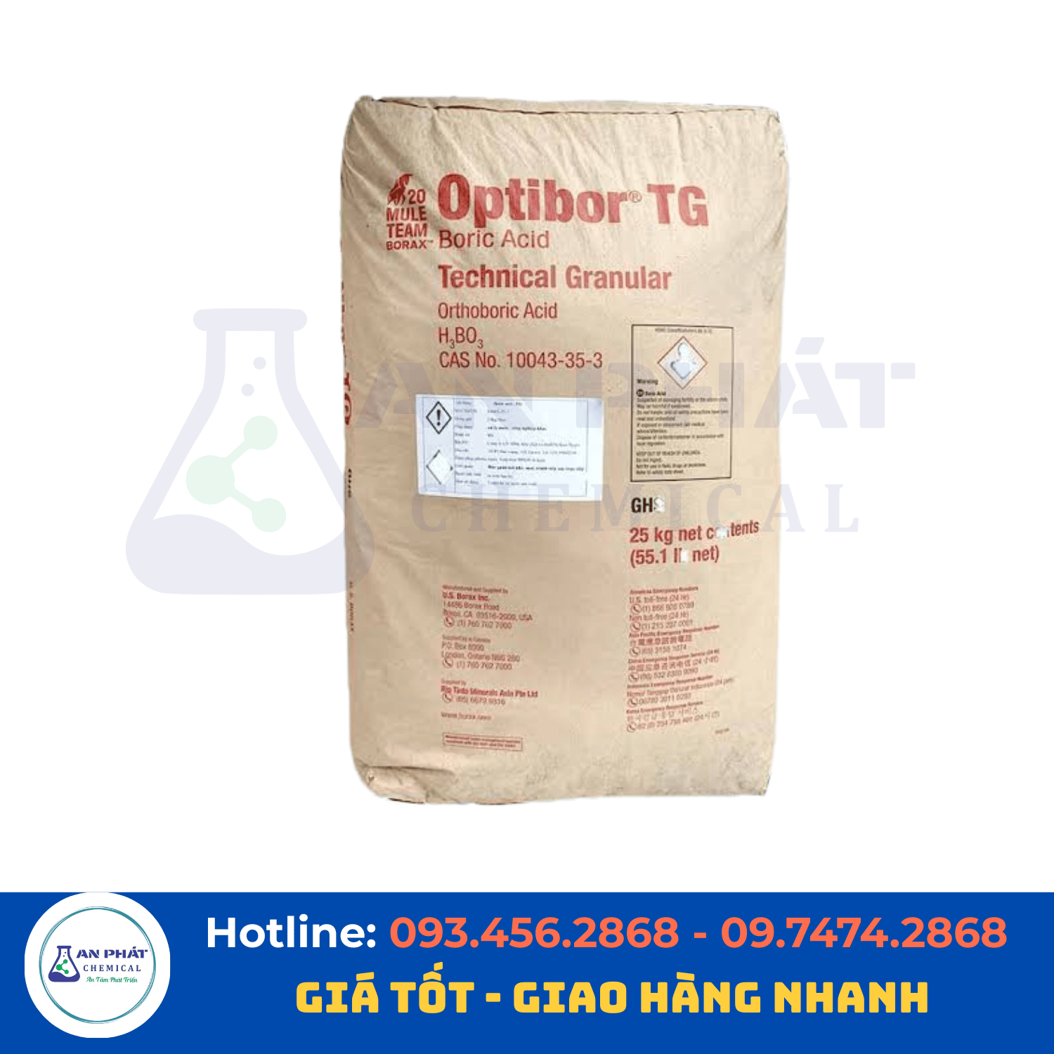 Axit boric H₃BO₃ 99,5% – Mỹ 25 kg/bao