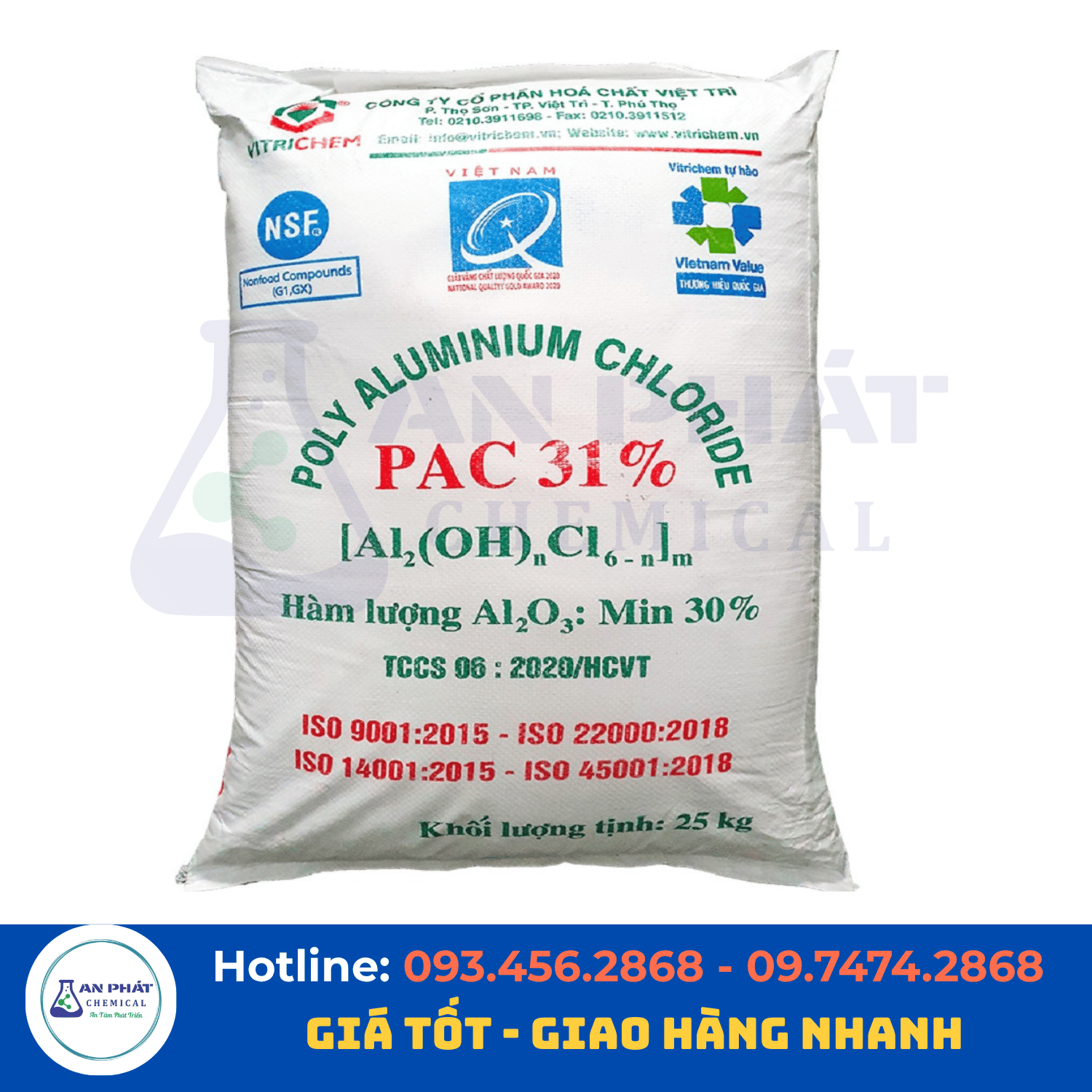 PAC bột Việt Trì Alₙ(OH)ₘCl₍₃ₙ₋ₘ₎ 31% – Việt Nam, bao 25 kg