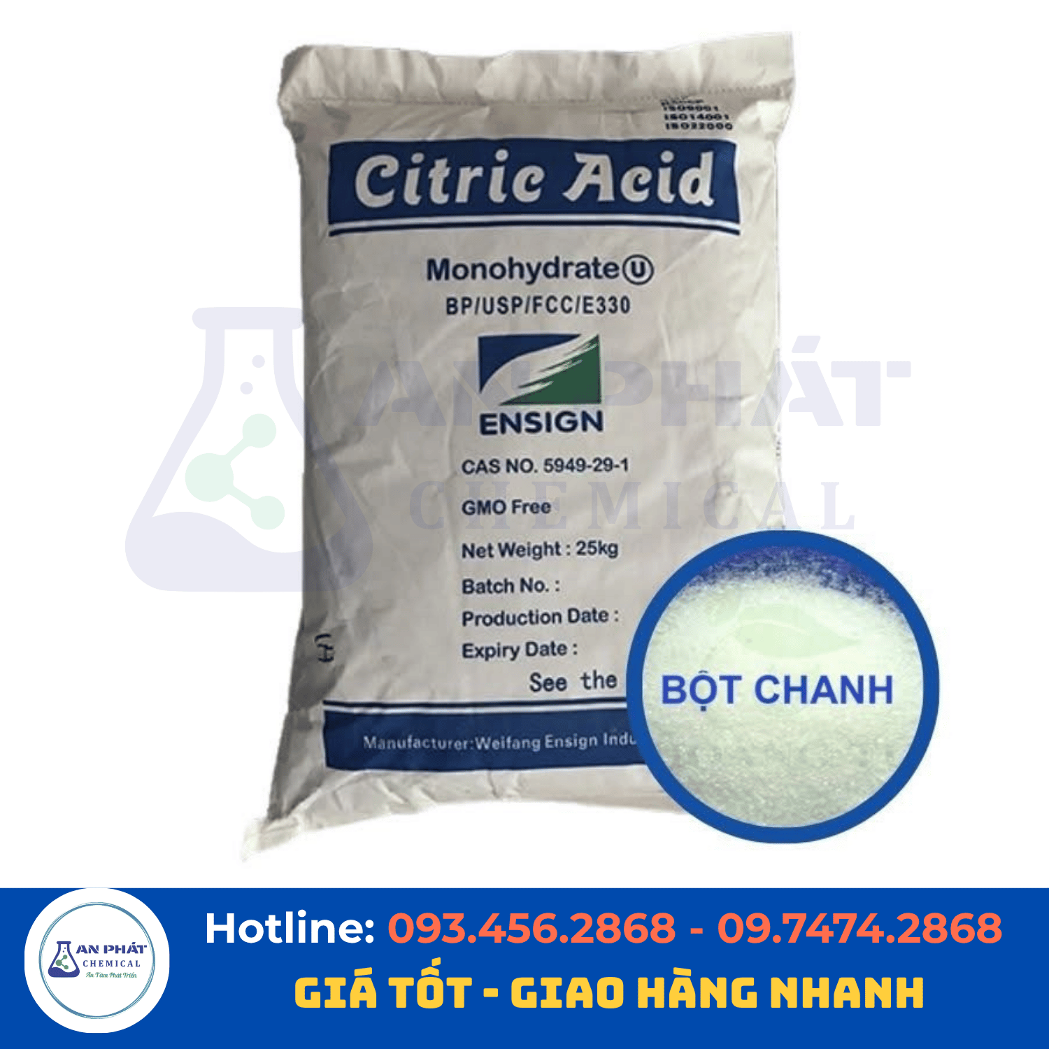 Axit citric C₆H₈O₇ 99,5% – Trung Quốc, 25 kg/bao