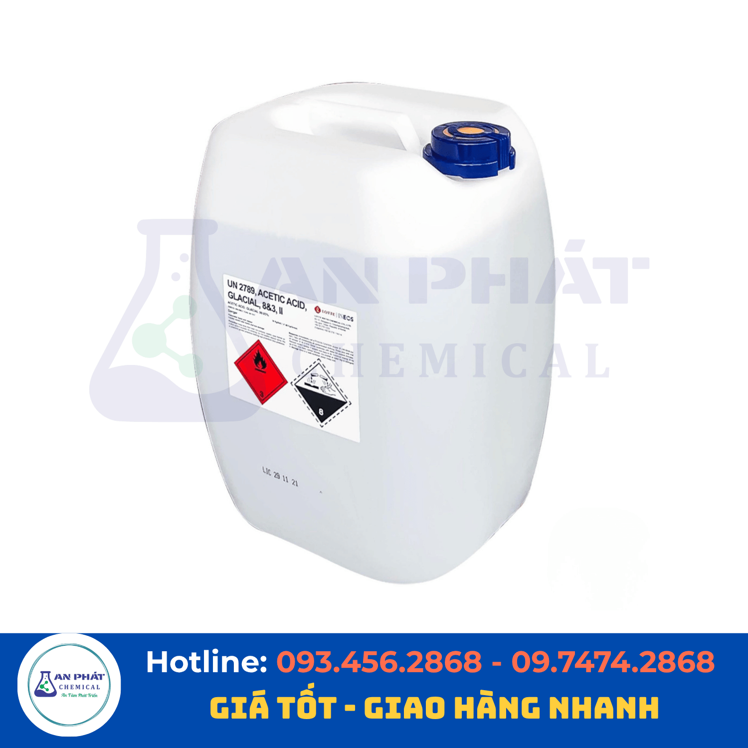 Axit axetic băng (GAA) C₂H₄O₂ 99,5% – Hàn Quốc/Đài Loan, 30 kg/can