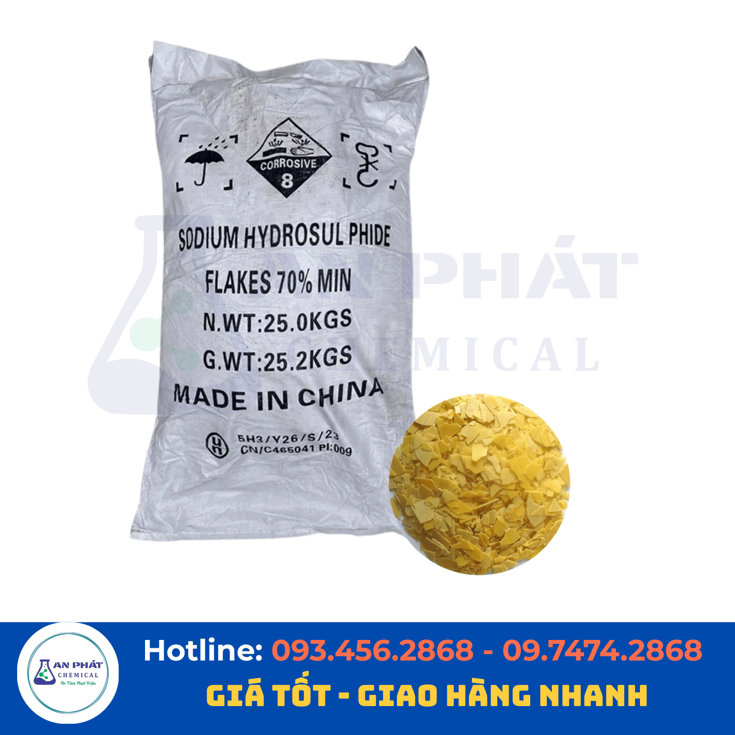 Natri hydrosulfua NaHS 70% – Trung Quốc, 25 kg/bao