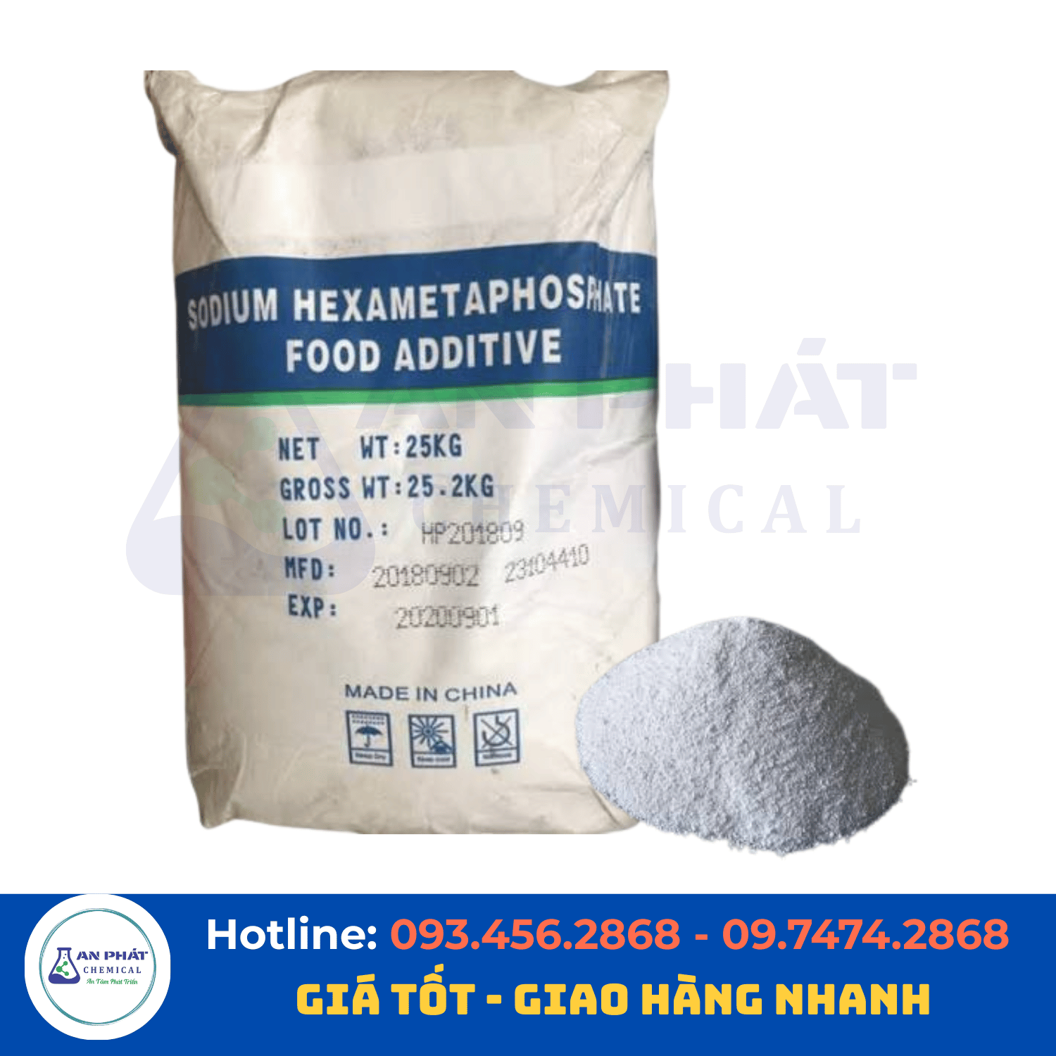 Natri hexametaphosphat (SHMP) (NaPO₃)₆ 68% – Trung Quốc, 25 kg/bao