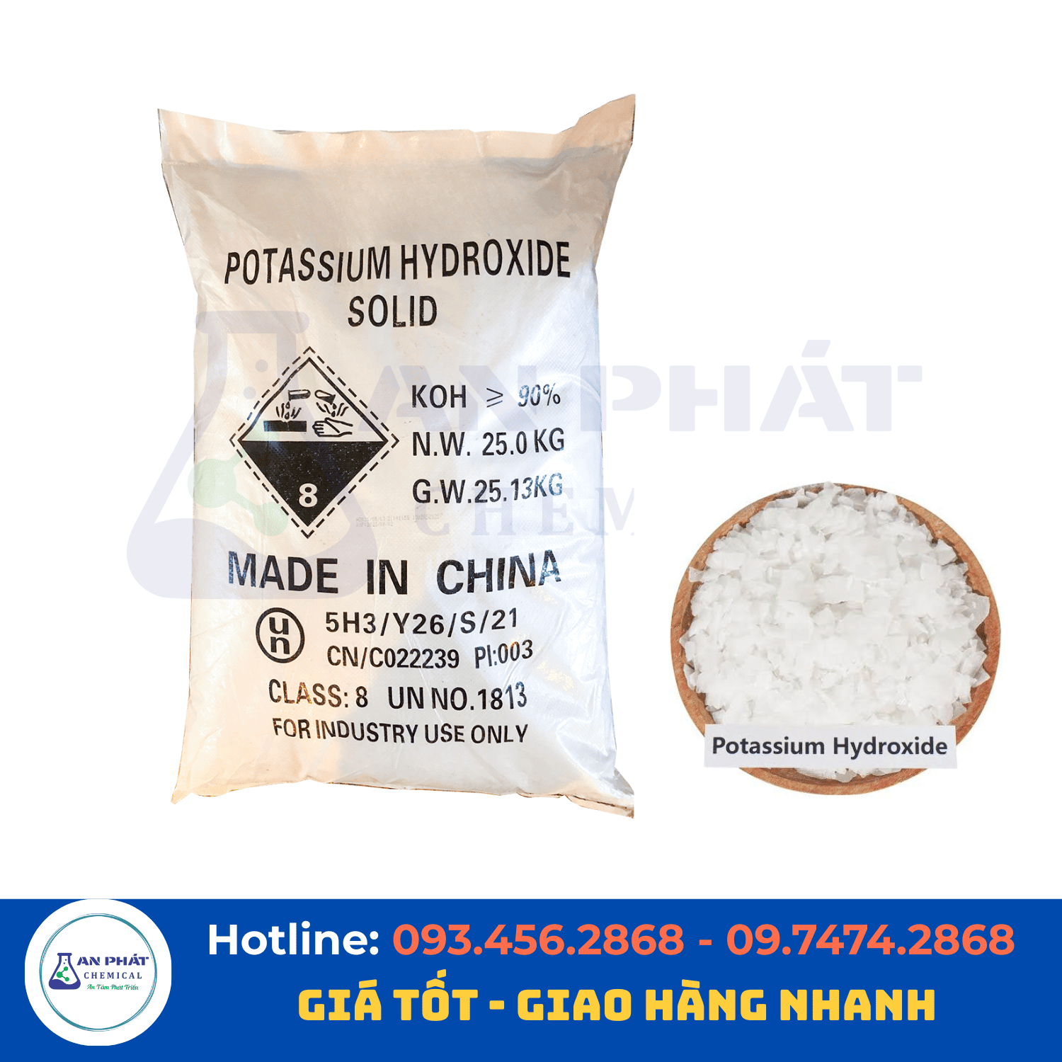 Potassium hydroxide KOH 90% – Trung Quốc, 25 kg/bao