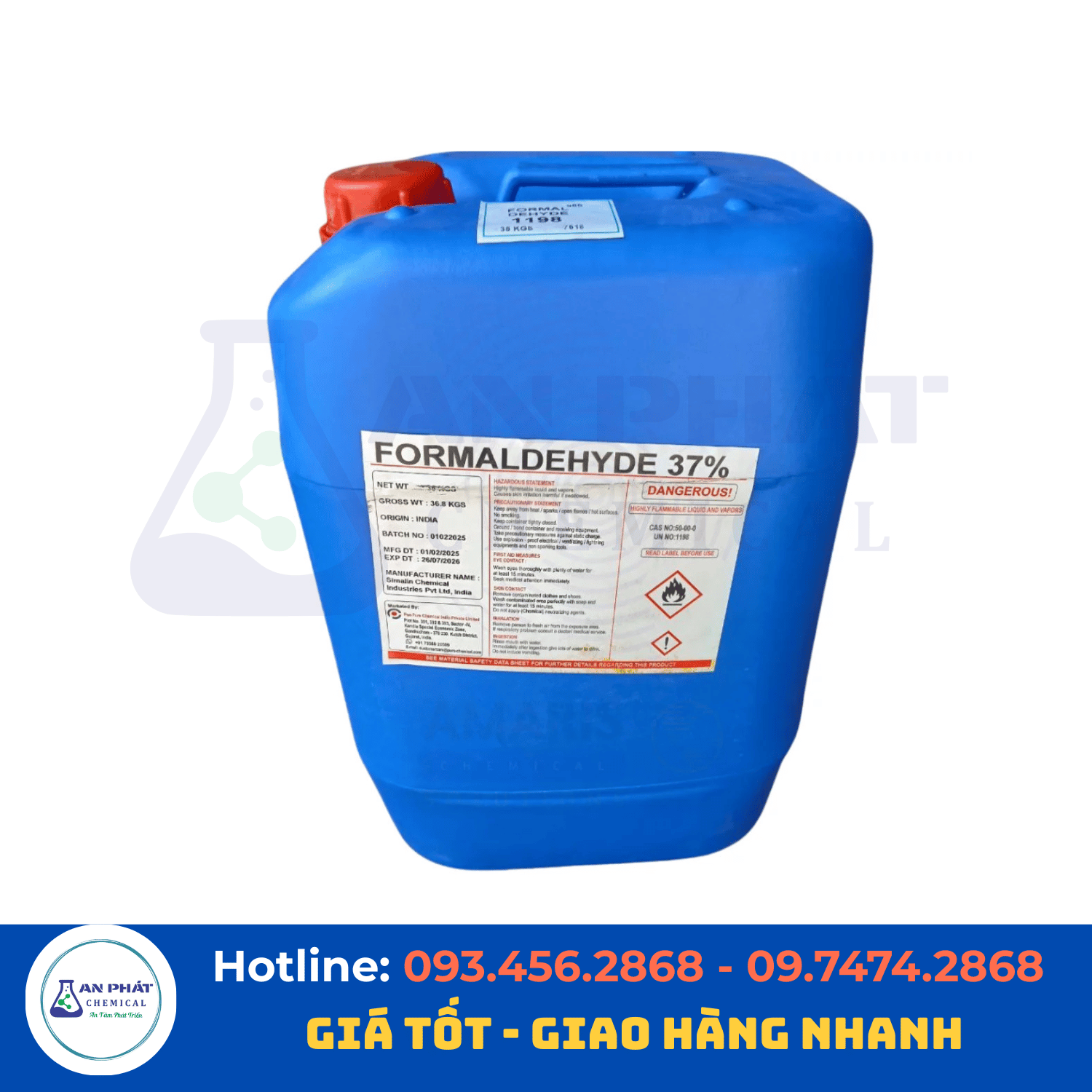 Formalin (Formaldehyde) CH₂O 37% – Việt Nam, 30 kg/can hoặc 220 kg/phuy, ICB