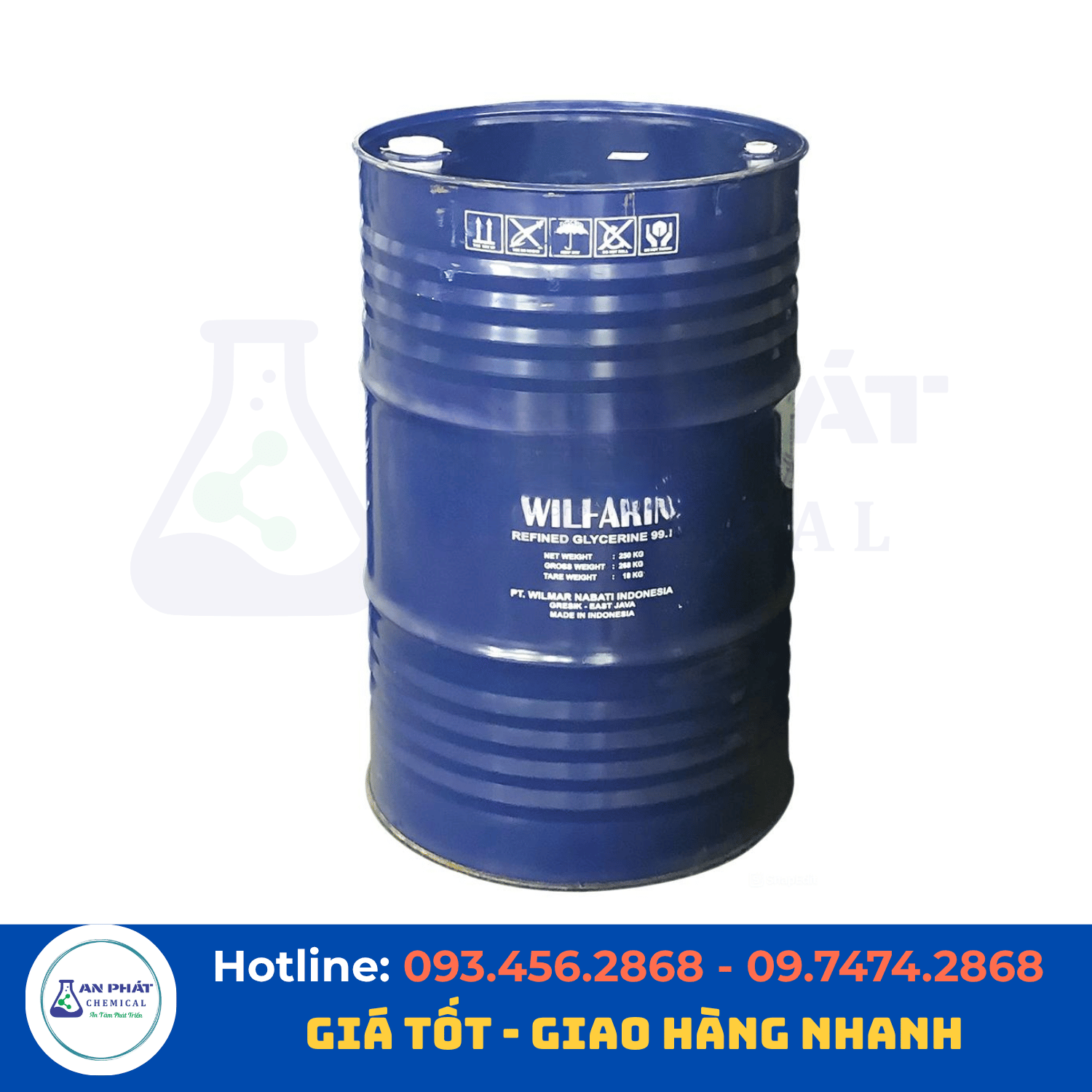Glycerin (Glycerol) C₃H₈O₃ 99,5% – Indonesia, 250 kg/phuy