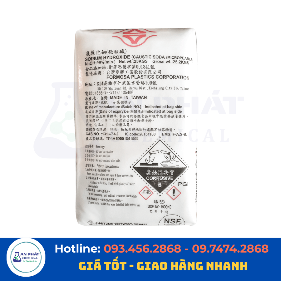 Xút hạt NaOH 99% – Đài Loan, 25kg/bao