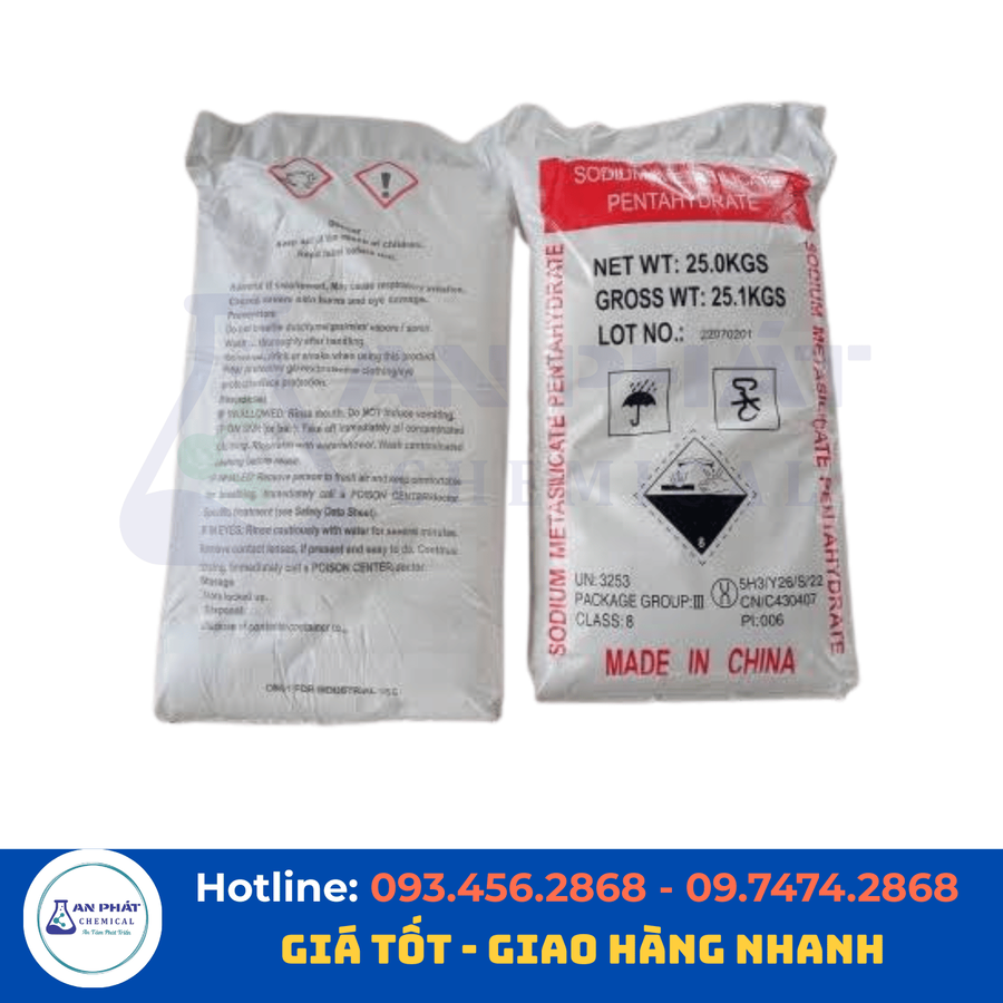 Natri metasilicat Na₂SiO₃ 99% – Trung Quốc, 25 kg/bao