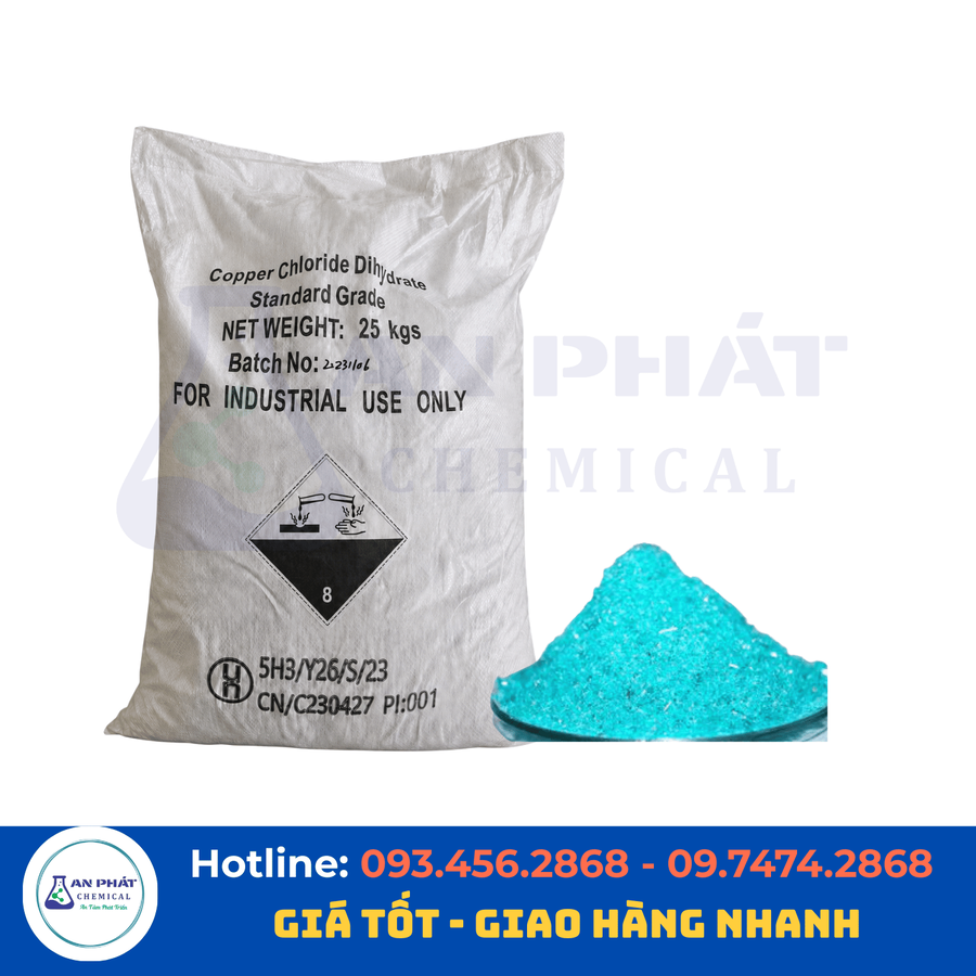 Đồng(II) clorua CuCl₂ 98% – Trung Quốc, 25 kg/bao