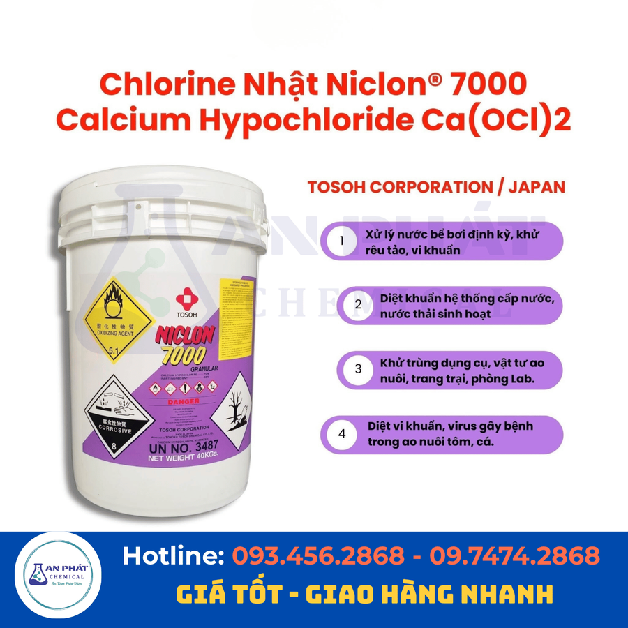 Clorin Niclon Ca(ClO)₂ 70% – Nhật Bản, 45 kg/thùng