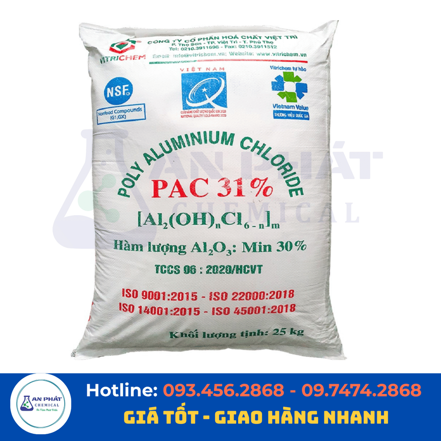 PAC bột Việt Trì Alₙ(OH)ₘCl₍₃ₙ₋ₘ₎ 31% – Việt Nam, bao 25 kg