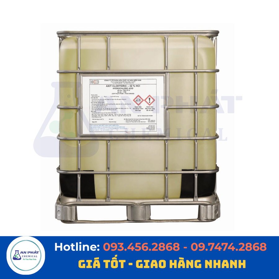 Axit clohydric HCl 32%–35% – Việt Nam, 30 kg/can, 250 kg/phuy hoặc xe bồn