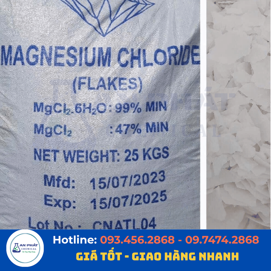 Magie clorua MgCl₂ 46% – Trung Quốc, 25 kg/bao