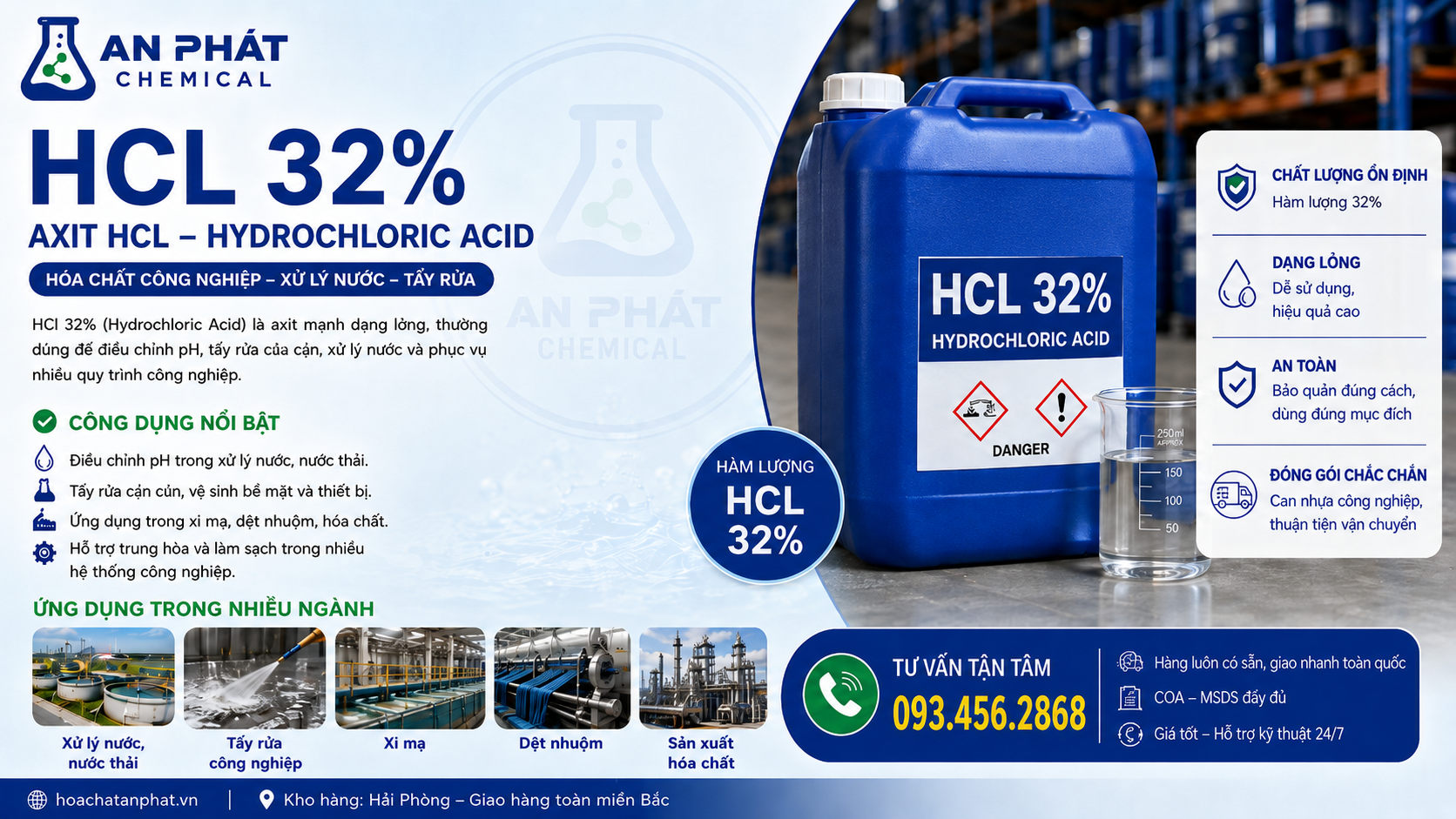 Báo giá Axit HCl 32–35% tại Hà Nội theo quy cách và số lượng